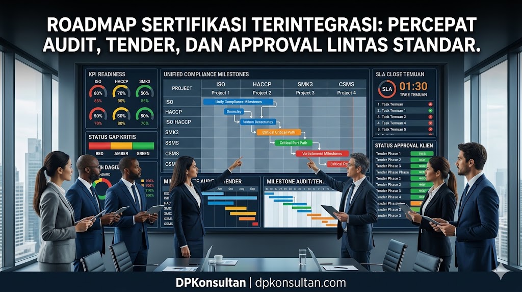 Ilustrasi pendampingan audit Sertifikasi Terintegrasi oleh DPKonsultan untuk percepatan close temuan, kesiapan tender, dan approval klien.