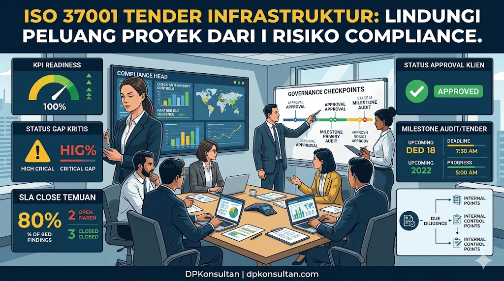 Ilustrasi pendampingan audit ISO 37001 Tender oleh DPKonsultan untuk percepatan close temuan, kesiapan tender, dan approval klien.