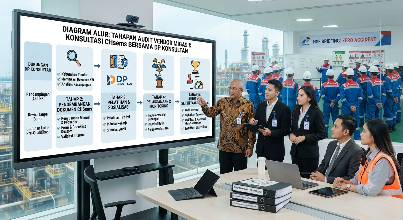 Diagram alur proses tahapan audit vendor migas dan konsultasi CHsems bersama DP Konsultan